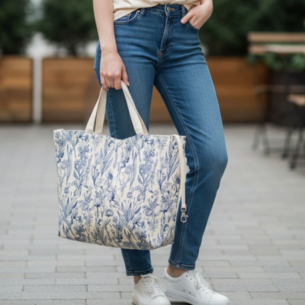 Floral Canvas Tote Bag - Blue and Cream